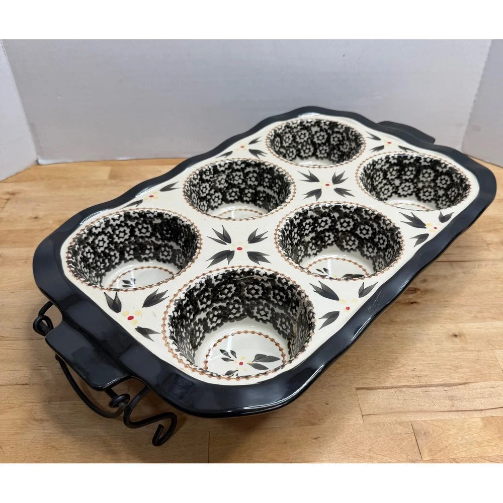 Temp-tations by Tara Old World Black Cream 6 Cup Ceramic Muffin Pan W/ Wire Rack